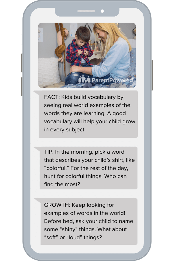 Example ParentPowered message describing an activity for PreK students to build literacy skills. 