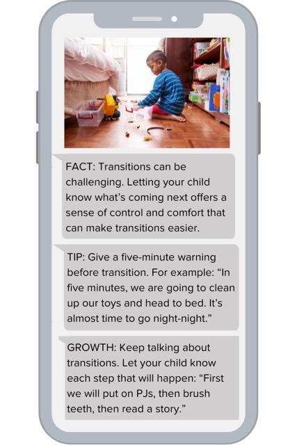 A sample ParentPowered message teaching parents how to use five-minute warnings before transitions to support young children.