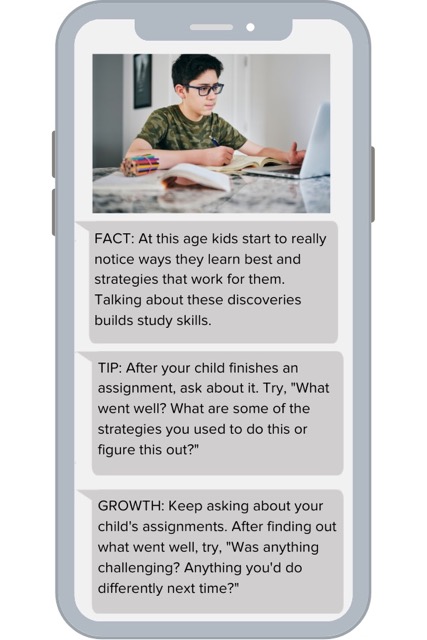 Example ParentPowered message for middle school families about study skills-building.