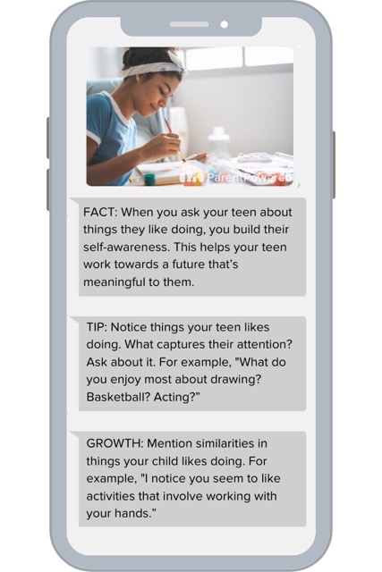 Sample ParentPowered message for high school families about college and career readiness life skills for students.