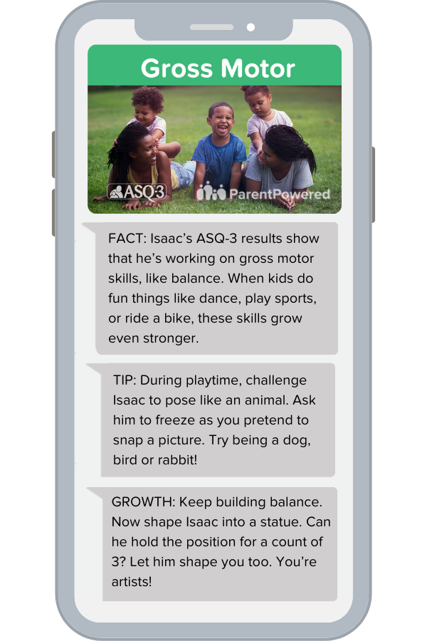A sample message from ParentPowered Personalized Learning, focused on Gross Motor Skills.