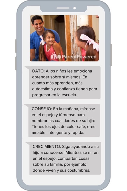 A sample ParentPowered message in Spanish focused on approaches to parenting.
