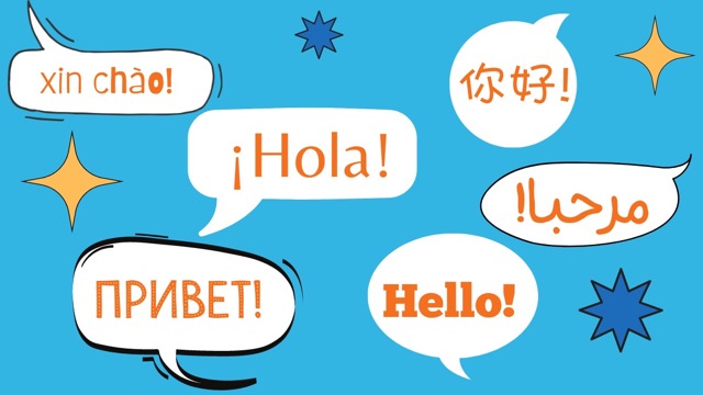 A graphic displays "Hello" in multiple languages within cartoon speech bubbles.