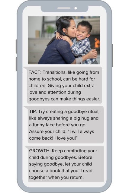 A sample ParentPowered message all about the power of a goodbye routine for young children.