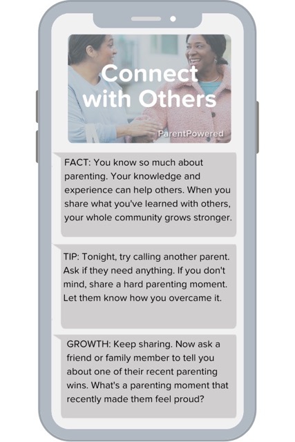 Sampel ParentPowered text message encouraging parents to share parenting knowledge with other families in their community.