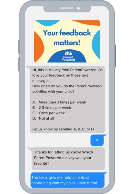 A sample text message survey from ParentPowered sent to caregivers.