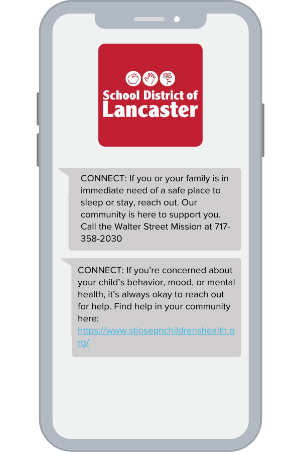 A sample ParentPowered CSS message from Lancaster School District in Pennsylvania offering services for mental health and housing support.